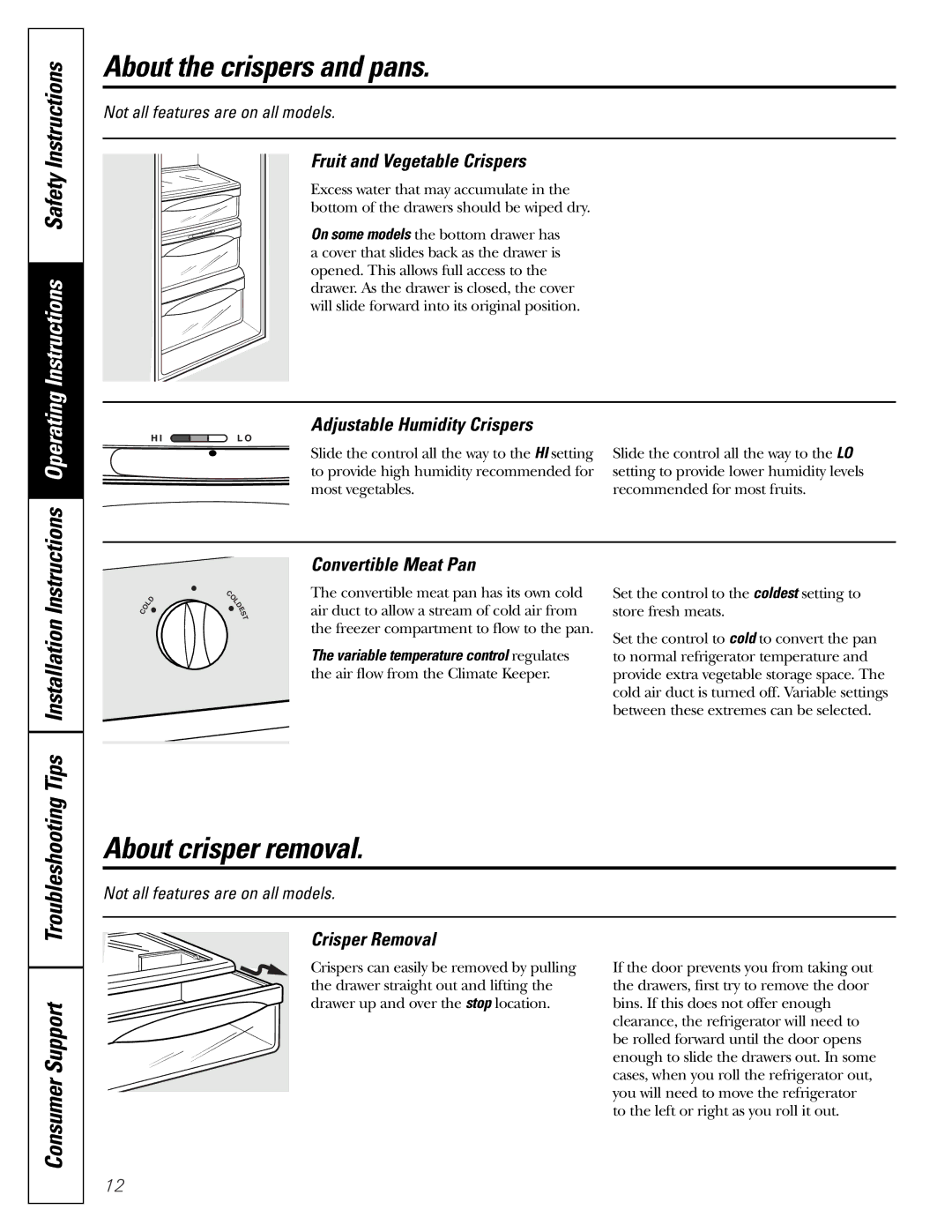 GE 200D2600P010 About the crispers and pans, About crisper removal, Tips Installation Instructions 