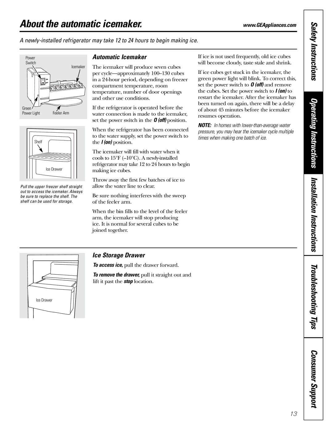 GE 200D2600P010 About the automatic icemaker, Troubleshooting Tips Consumer Support, Automatic Icemaker 