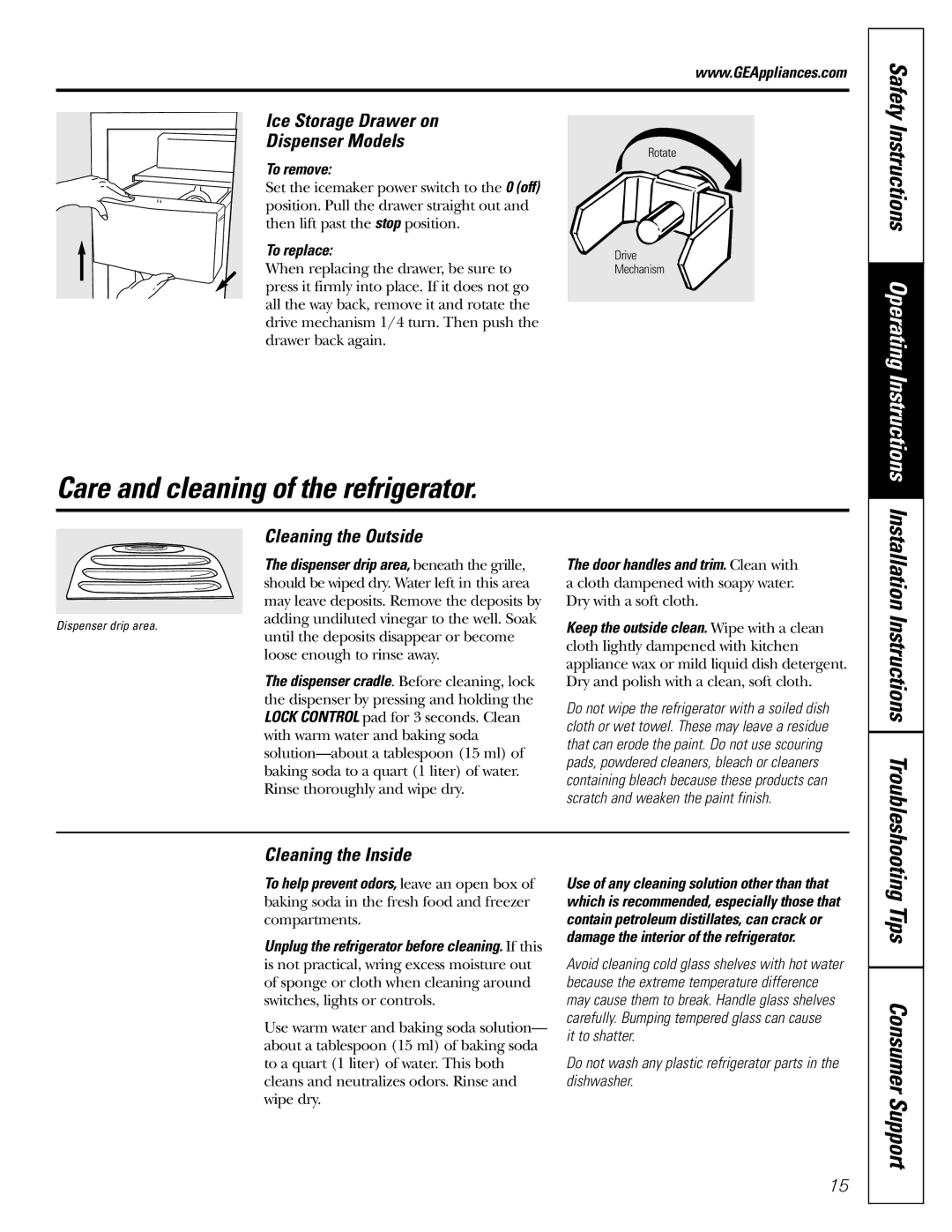 GE 200D2600P010 Care and cleaning of the refrigerator, Tips Consumer Support, Ice Storage Drawer on Dispenser Models 