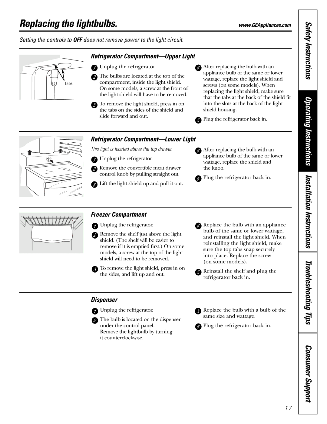 GE 200D2600P010 installation instructions Replacing the lightbulbs, Instructions Operating 