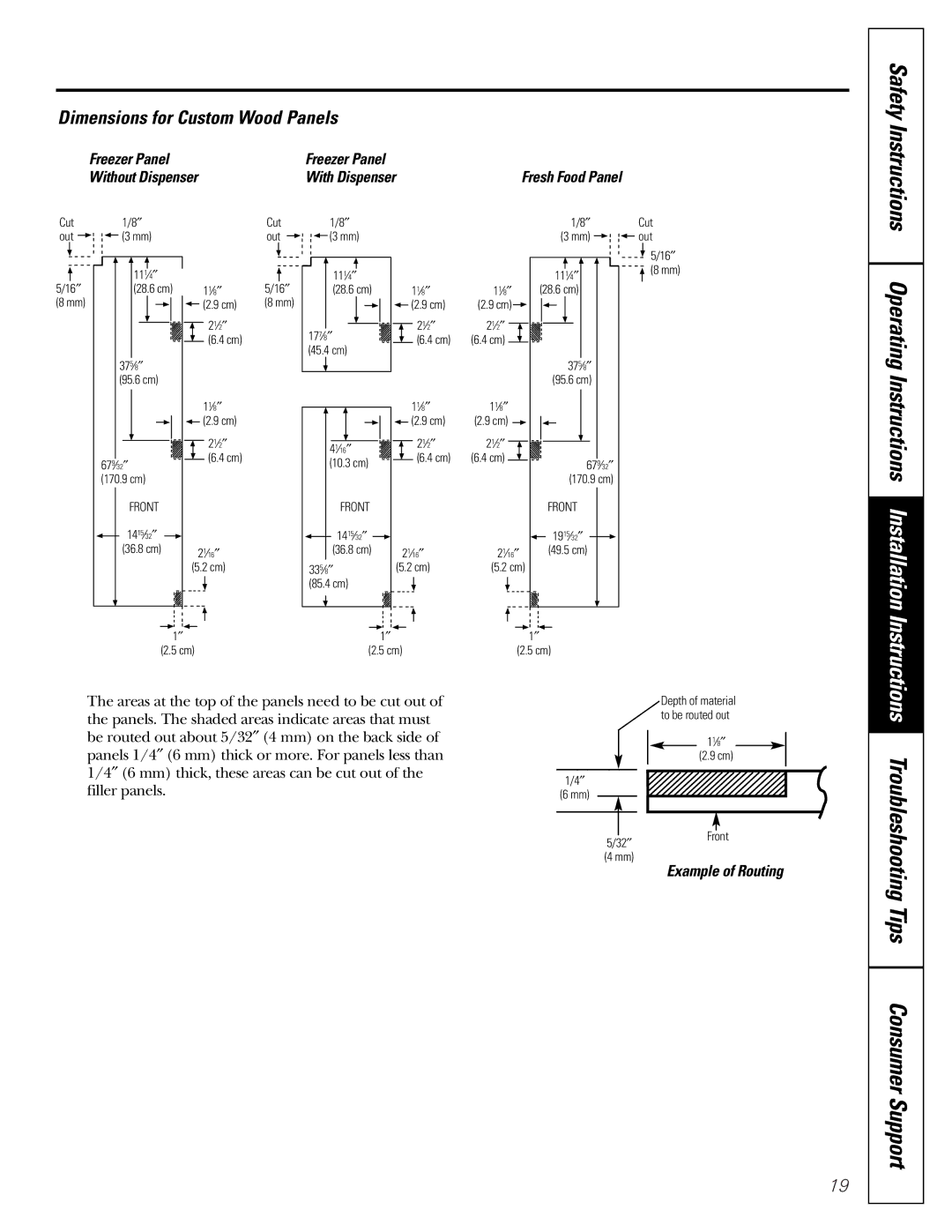 GE 200D2600P010 installation instructions Operating Instructions Installation, Dimensions for Custom Wood Panels 