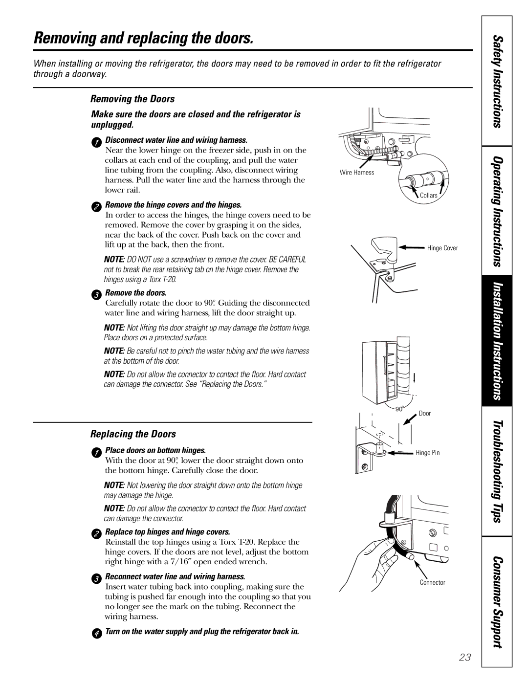 GE 200D2600P010 installation instructions Removing and replacing the doors, Removing the Doors, Replacing the Doors 