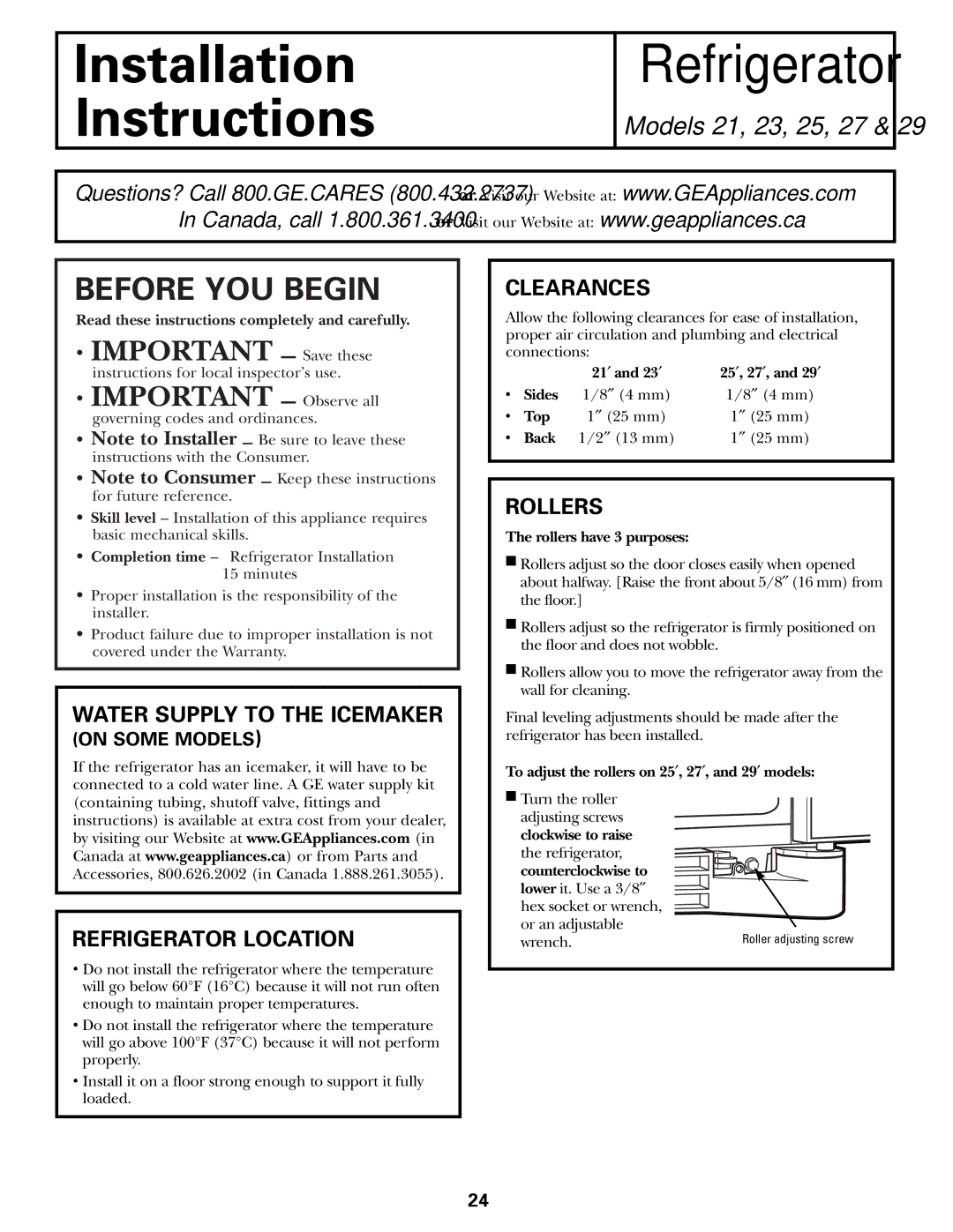 GE 200D2600P010 installation instructions Refrigerator Location, Clearances, Rollers 