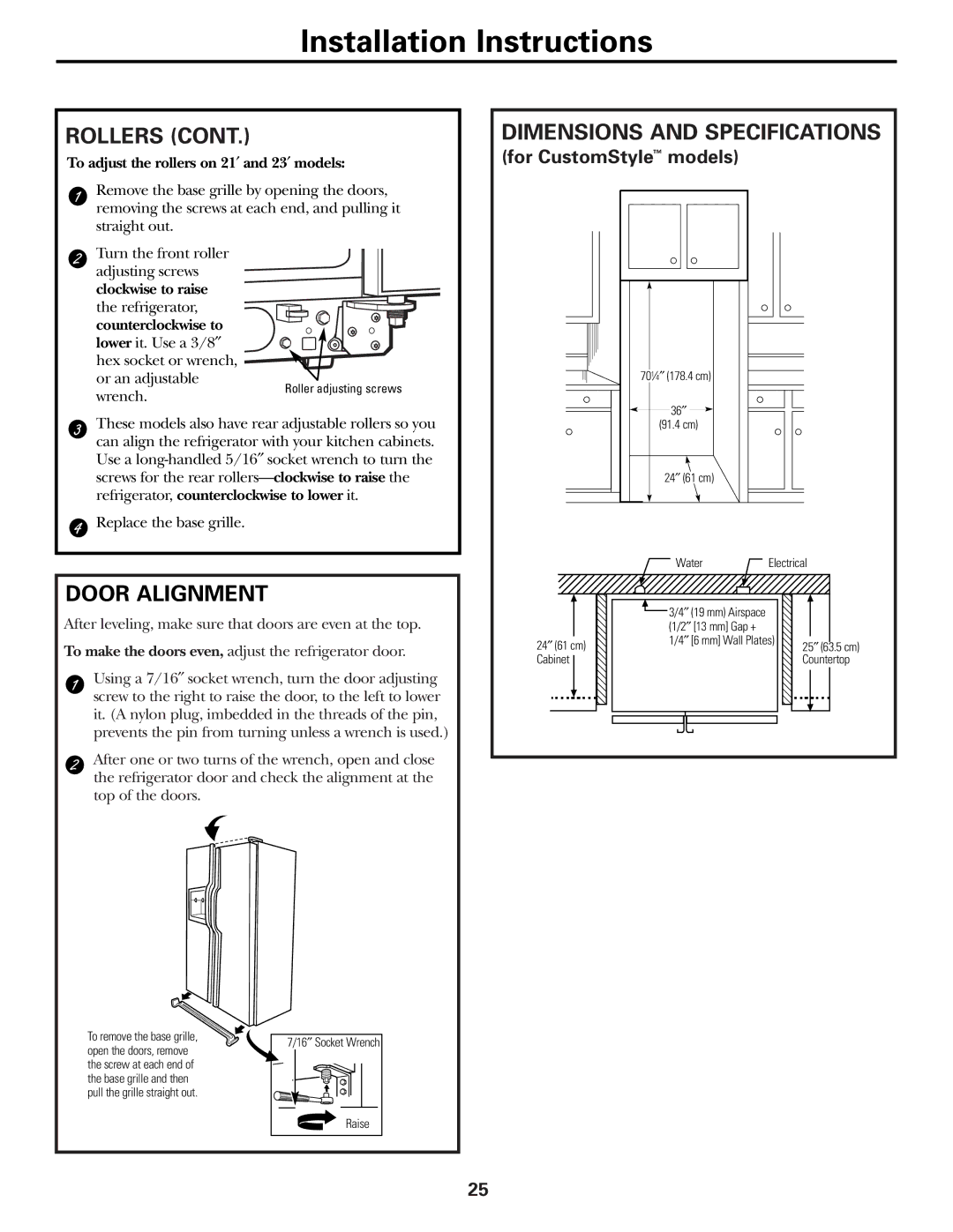 GE 200D2600P010 installation instructions Dimensions and Specifications, Door Alignment 