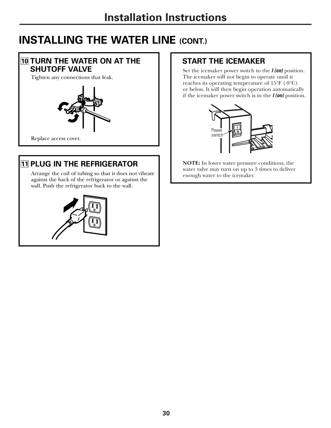 GE 200D2600P010 Turn the Water on AT the Shutoff Valve, Plug in the Refrigerator, Start the Icemaker 