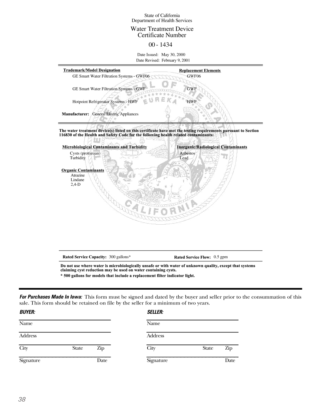 GE 200D2600P010 installation instructions Water Treatment Device Certificate Number 