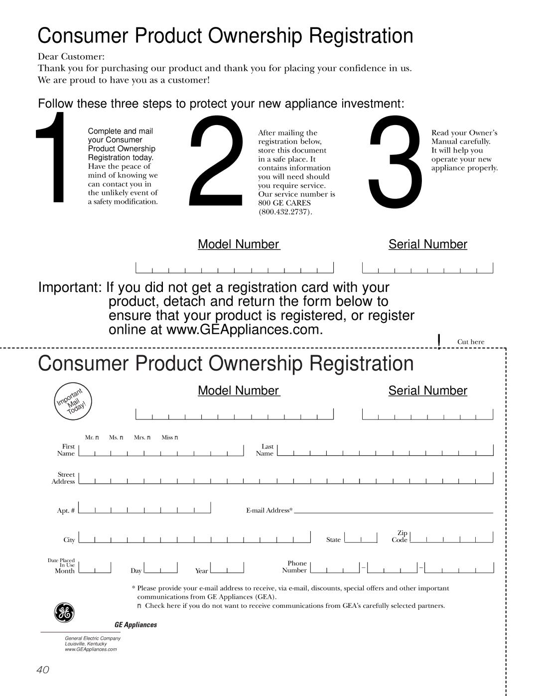 GE 200D2600P010 installation instructions Consumer Product Ownership Registration 