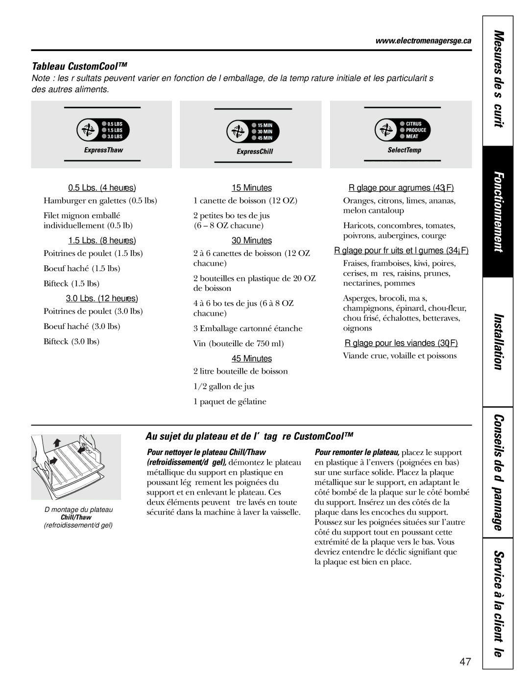 GE 200D2600P010 De dépannage Service à la clientèle, Tableau CustomCool, Au sujet du plateau et de l’étagère CustomCool 