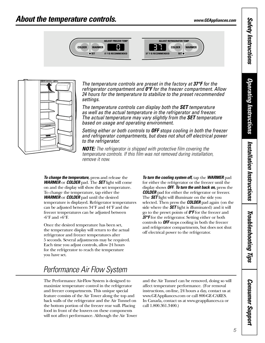 GE 200D2600P010 About the temperature controls, Safety Instructions Operating Instructions Installation, Consumer Support 