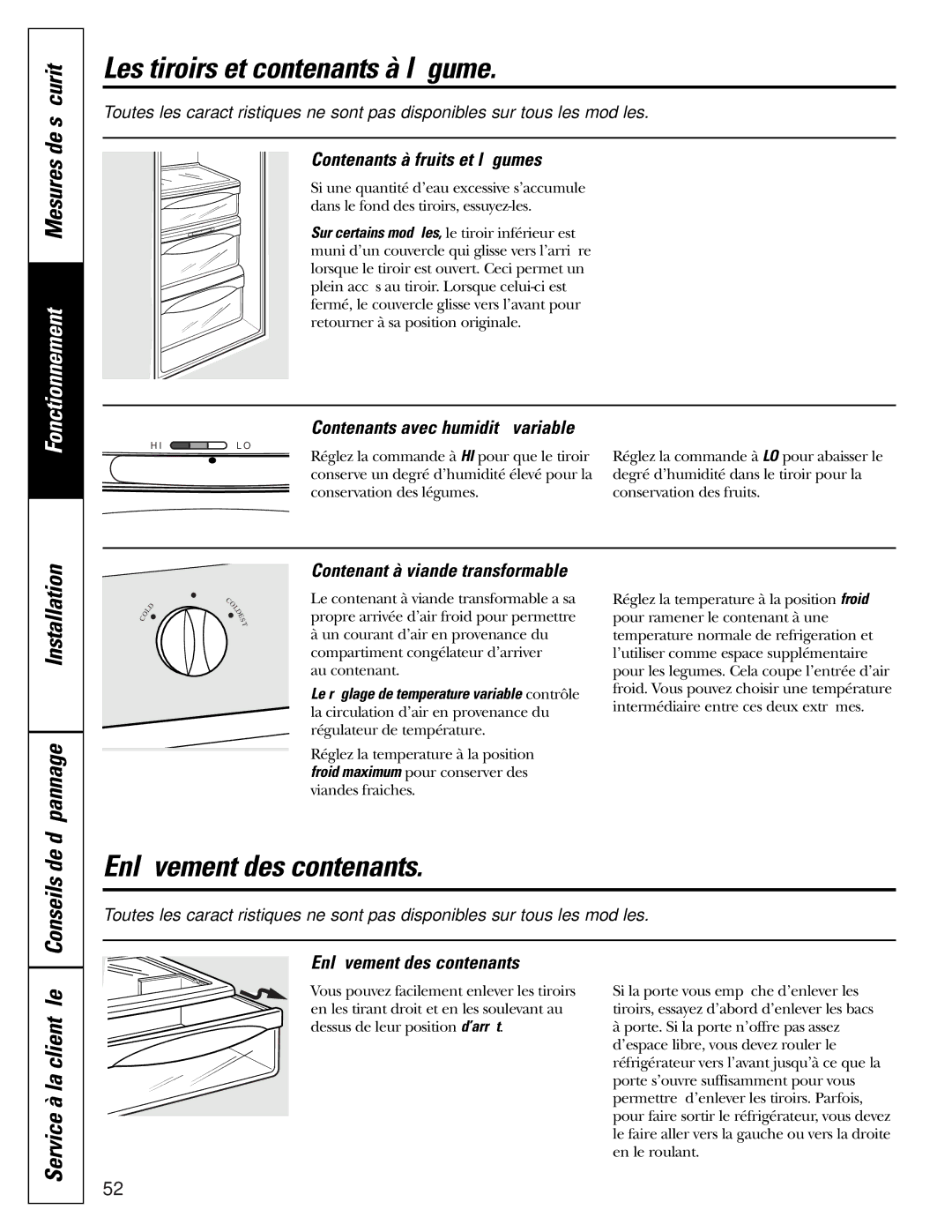 GE 200D2600P010 installation instructions Les tiroirs et contenants à légume, Enlèvement des contenants, Conseils de 