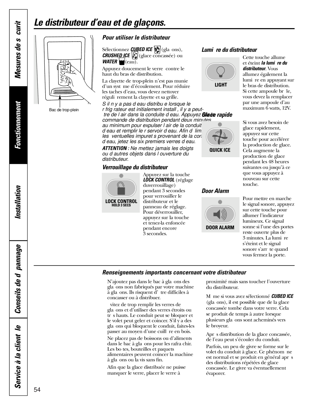 GE 200D2600P010 installation instructions Le distributeur d’eau et de glaçons 