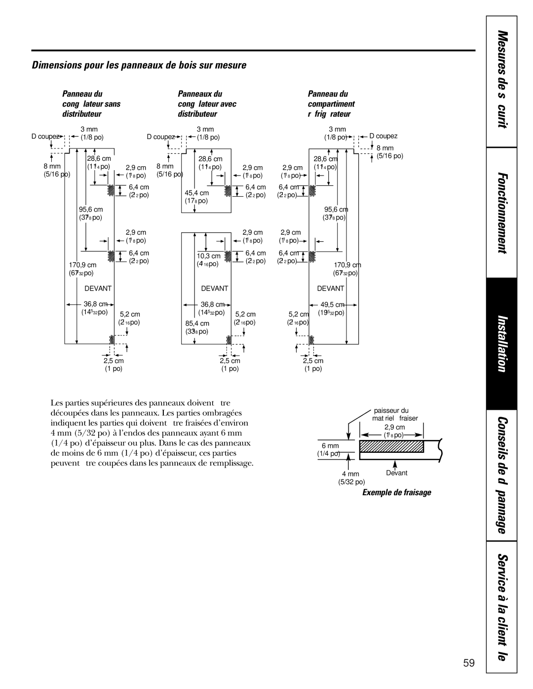 GE 200D2600P010 Mesures de sécurité, Dimensions pour les panneaux de bois sur mesure, Distributeur, Exemple de fraisage 