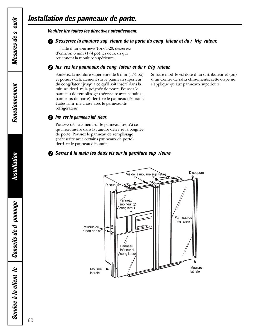 GE 200D2600P010 installation instructions Installation des panneaux de porte, Fonctionnement, Insérez le panneau inférieur 