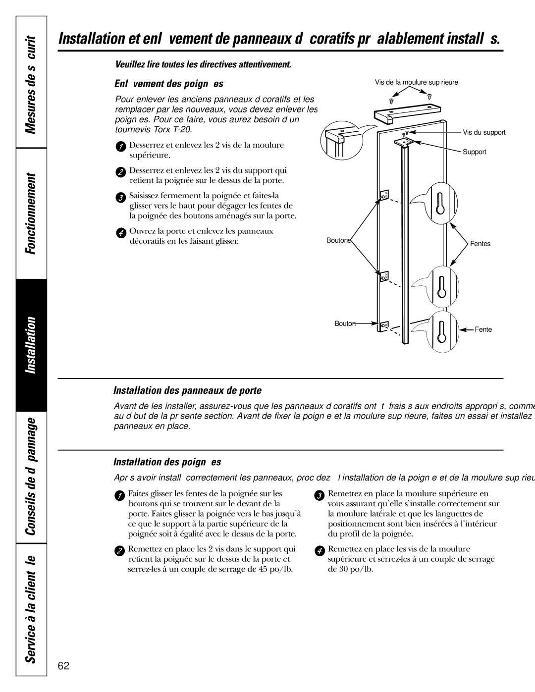 GE 200D2600P010 De dépannage, Service à la clientèle Conseils, Enlèvement des poignées, Installation des panneaux de porte 