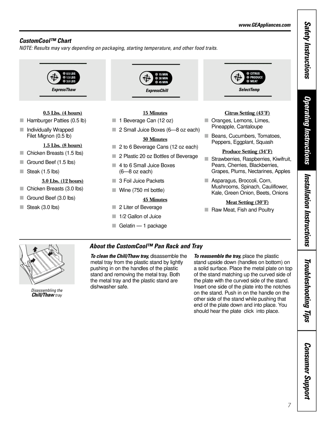 GE 200D2600P010 Troubleshooting Tips Consumer Support, Instructions Installation Instructions, Chill/Thaw tray 