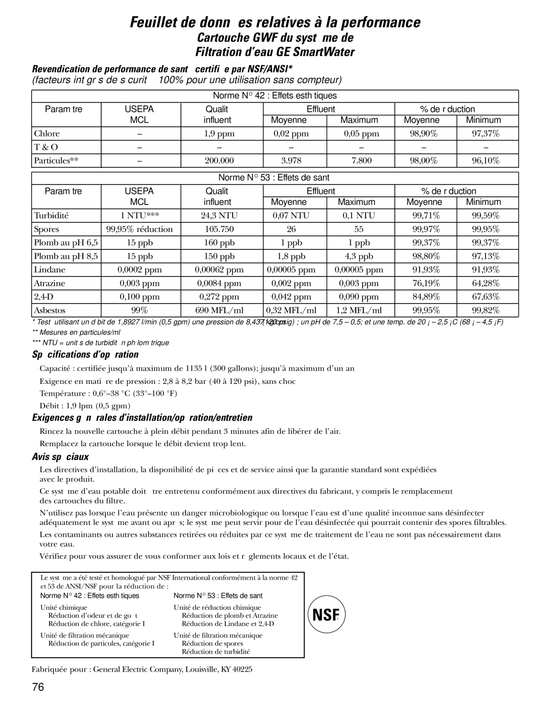 GE 200D2600P010 installation instructions Feuillet de données relatives à la performance 