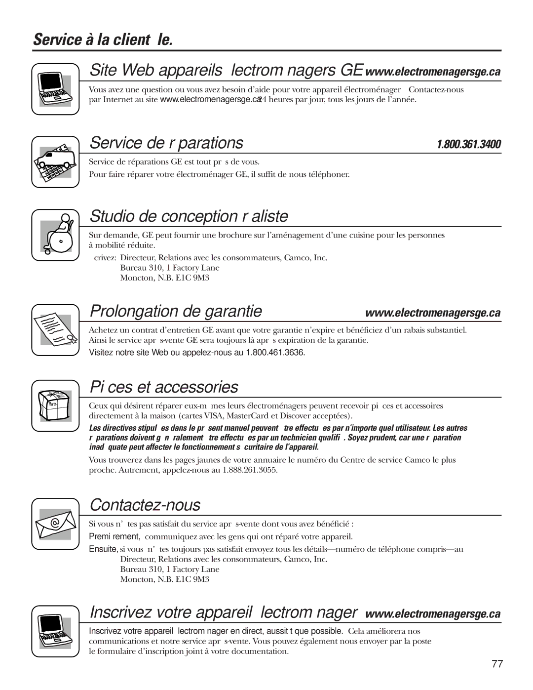 GE 200D2600P010 installation instructions Service à la clientèle, Service de réparations, Prolongation de garantie 