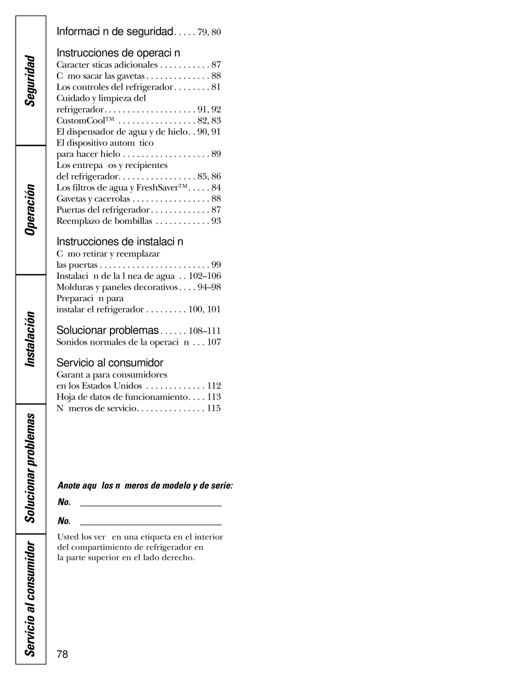 GE 200D2600P010 Información de seguridad Instrucciones de operación, Anote aquí los números de modelo y de serie No 