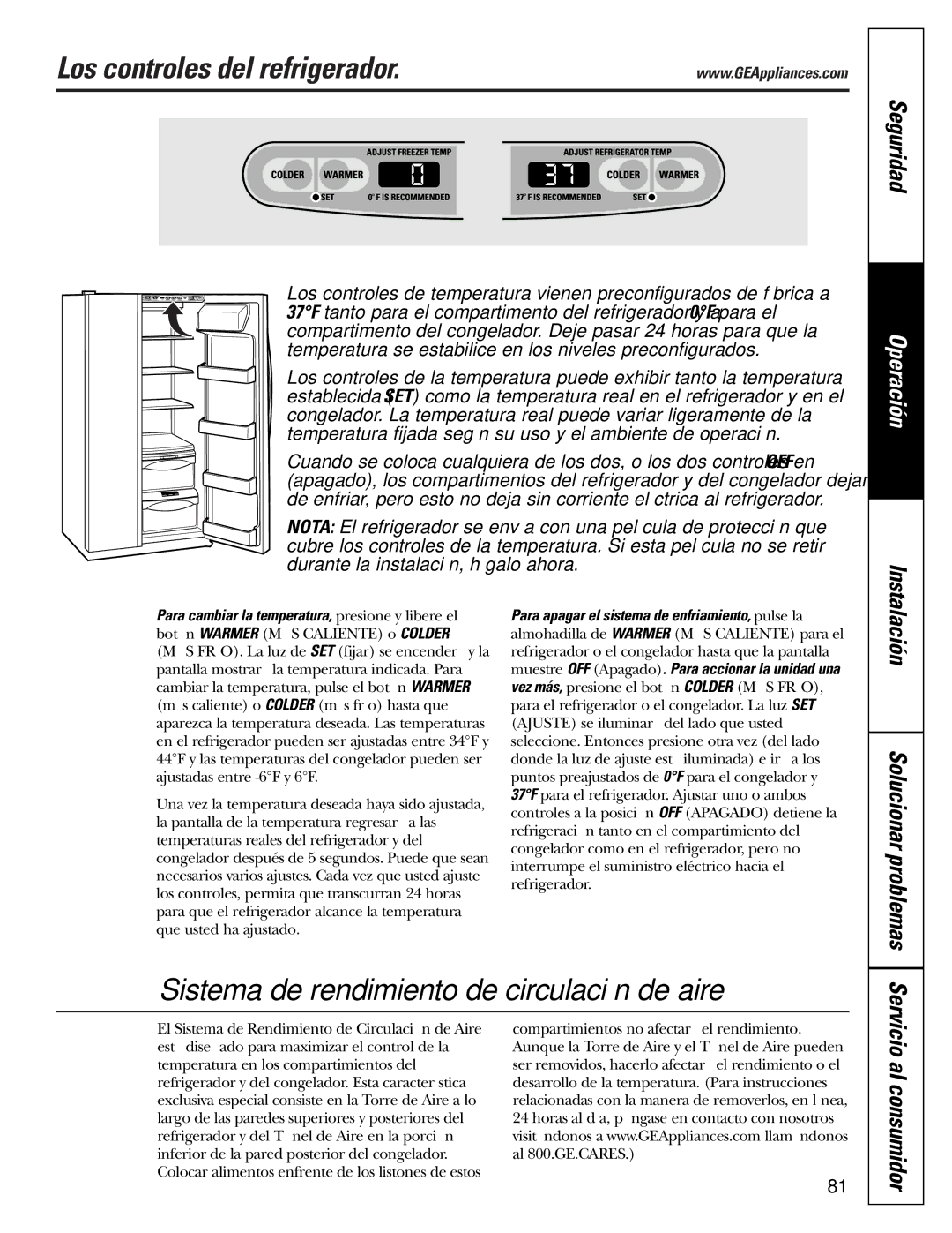 GE 200D2600P010 installation instructions Los controles del refrigerador, Seguridad, Solucionar problemas 