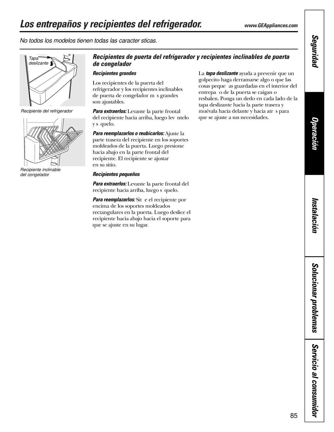 GE 200D2600P010 Los entrepaños y recipientes del refrigerador, Solucionar problemas Servicio al consumidor 