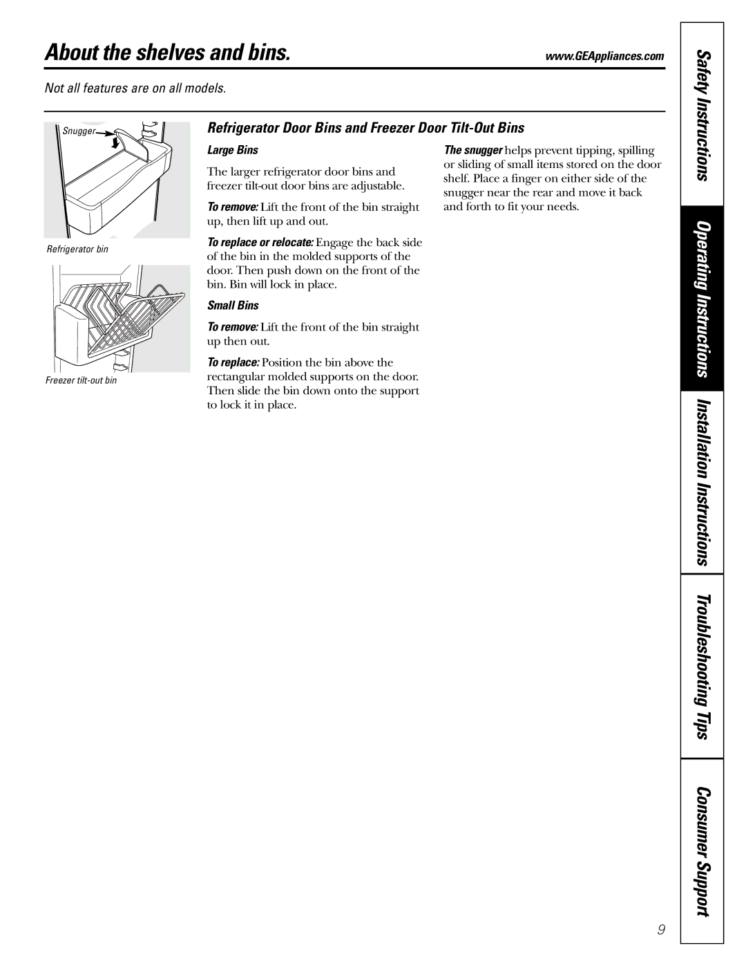 GE 200D2600P010 About the shelves and bins, Safety, Refrigerator Door Bins and Freezer Door Tilt-Out Bins, Large Bins 