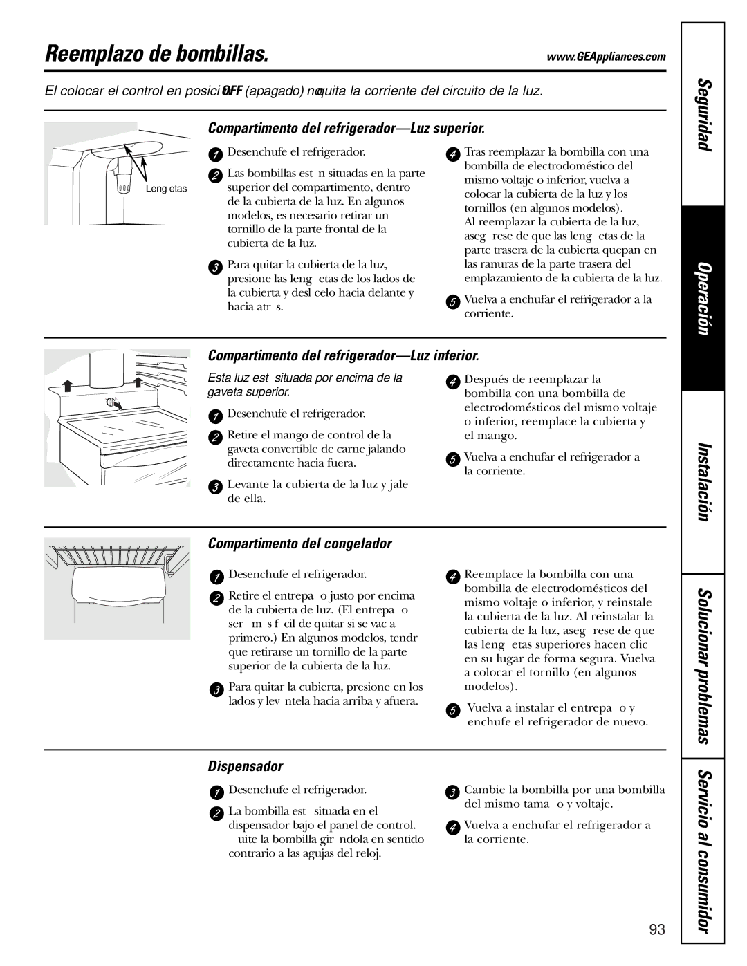 GE 200D2600P010 installation instructions Reemplazo de bombillas, Solucionar problemas 