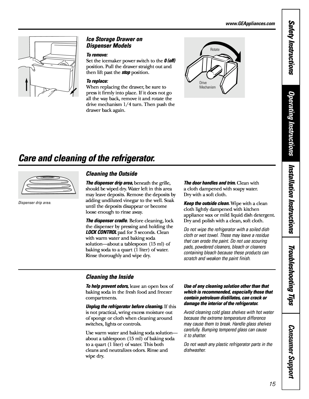 GE 200D2600P010 Care and cleaning of the refrigerator, Safety Instructions Operating Instructions, Tips Consumer Support 