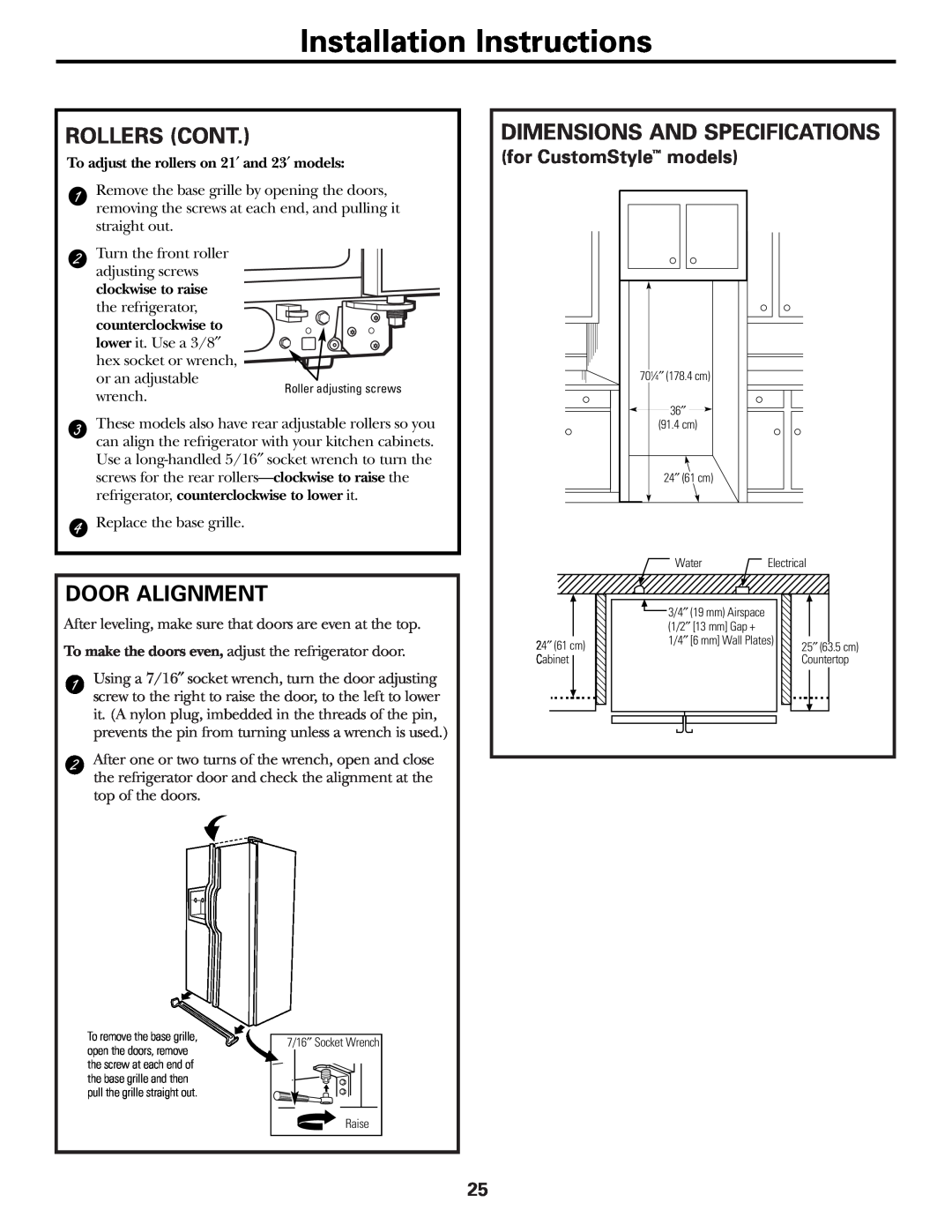 GE 200D2600P010 Installation Instructions, Rollers Cont, Dimensions And Specifications, Door Alignment 