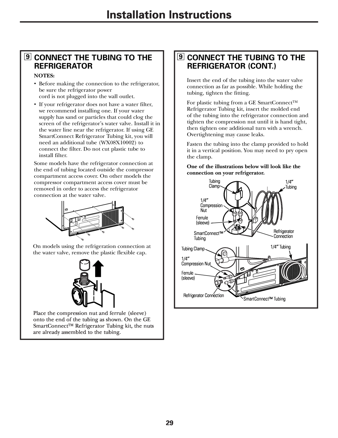 GE 200D2600P010 installation instructions Connect The Tubing To The Refrigerator Cont, Installation Instructions 