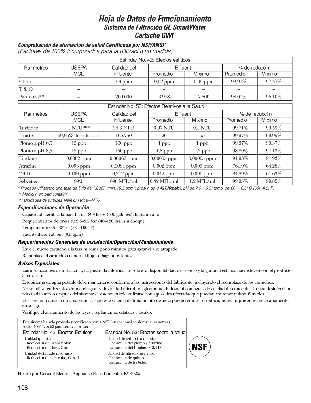 GE 200D2600P015 installation instructions Especificaciones de Operación, Avisos Especiales 