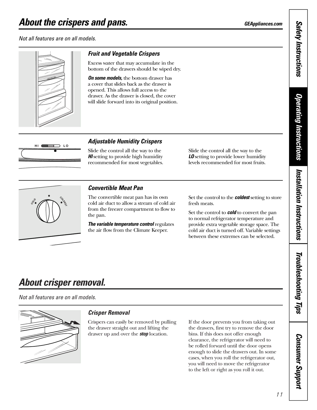 GE 200D2600P015 installation instructions About the crispers and pans, About crisper removal, Tips Consumer Support 