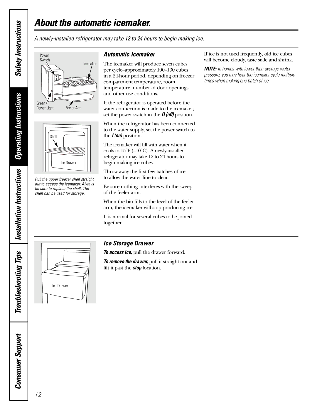 GE 200D2600P015 About the automatic icemaker, Installation Instructions Operating Instructions Safety, Automatic Icemaker 