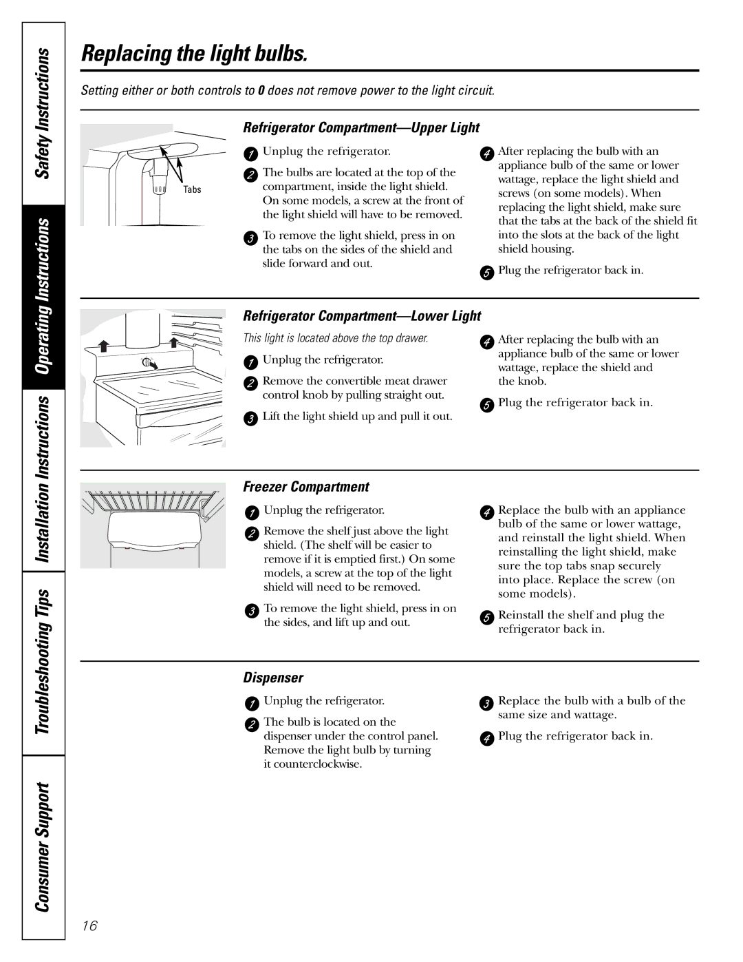 GE 200D2600P015 Replacing the light bulbs, Tips Installation Instructions Operating, Consumer Support Troubleshooting 