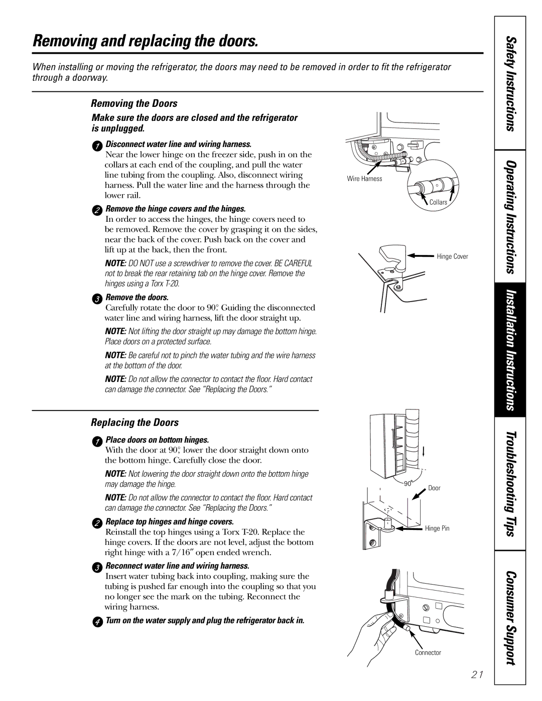 GE 200D2600P015 Removing and replacing the doors, Troubleshooting Tips Consumer Support, Removing the Doors 