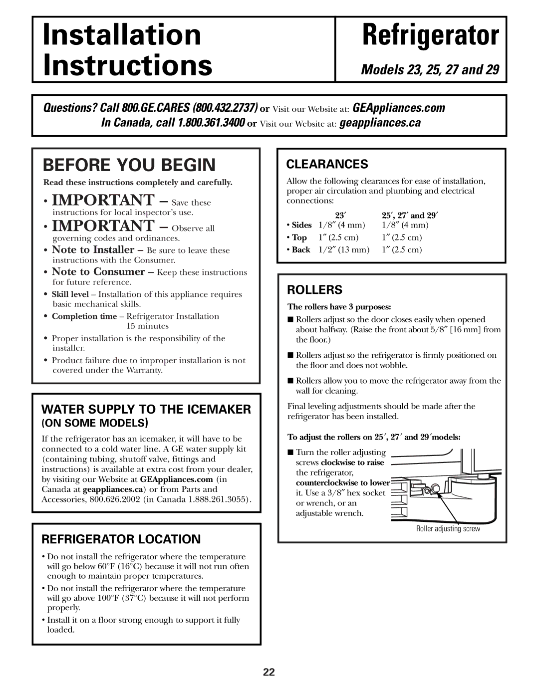 GE 200D2600P015 installation instructions Refrigerator Location, Clearances, Rollers 