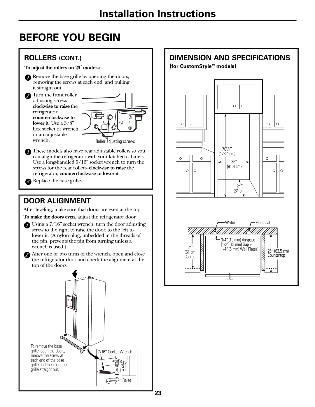 GE 200D2600P015 installation instructions Door Alignment, To adjust the rollers on 23′ models 