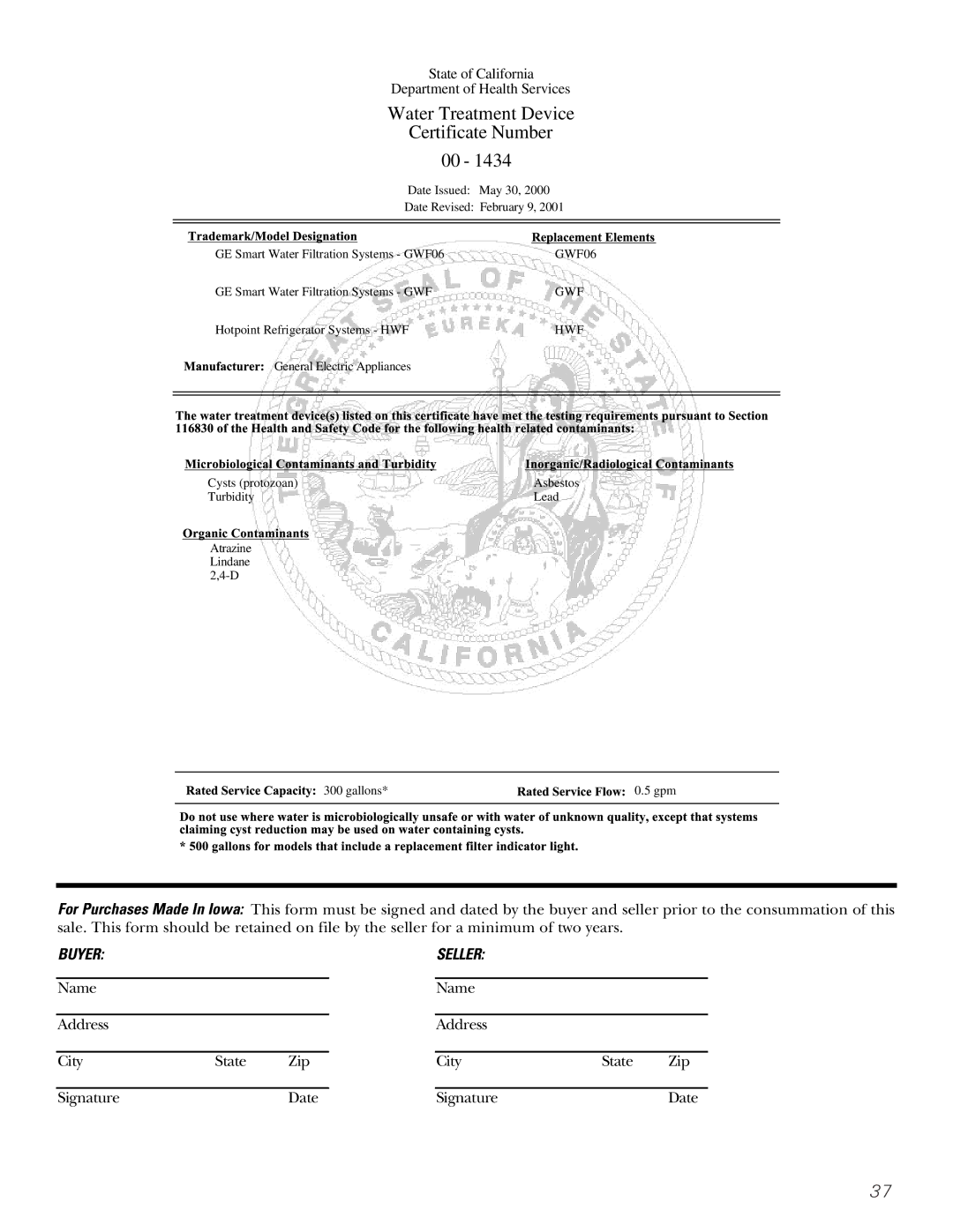 GE 200D2600P015 installation instructions Water Treatment Device Certificate Number 