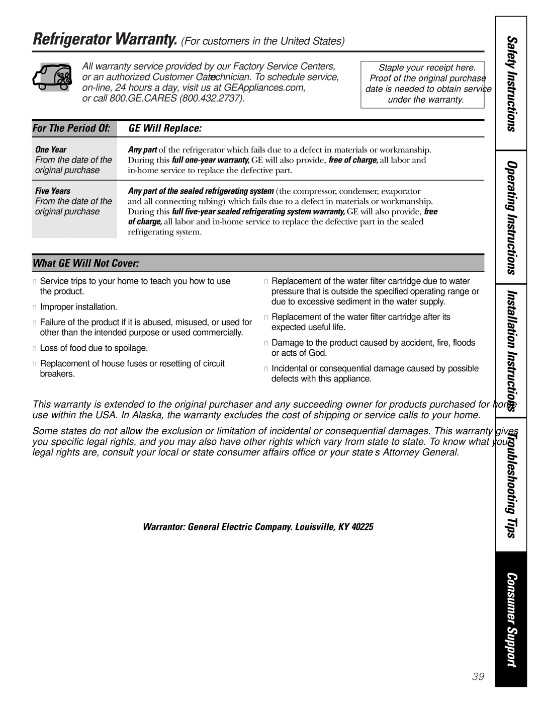 GE 200D2600P015 Safety Instructions Operating Instructions, GE Will Replace, What GE Will Not Cover 