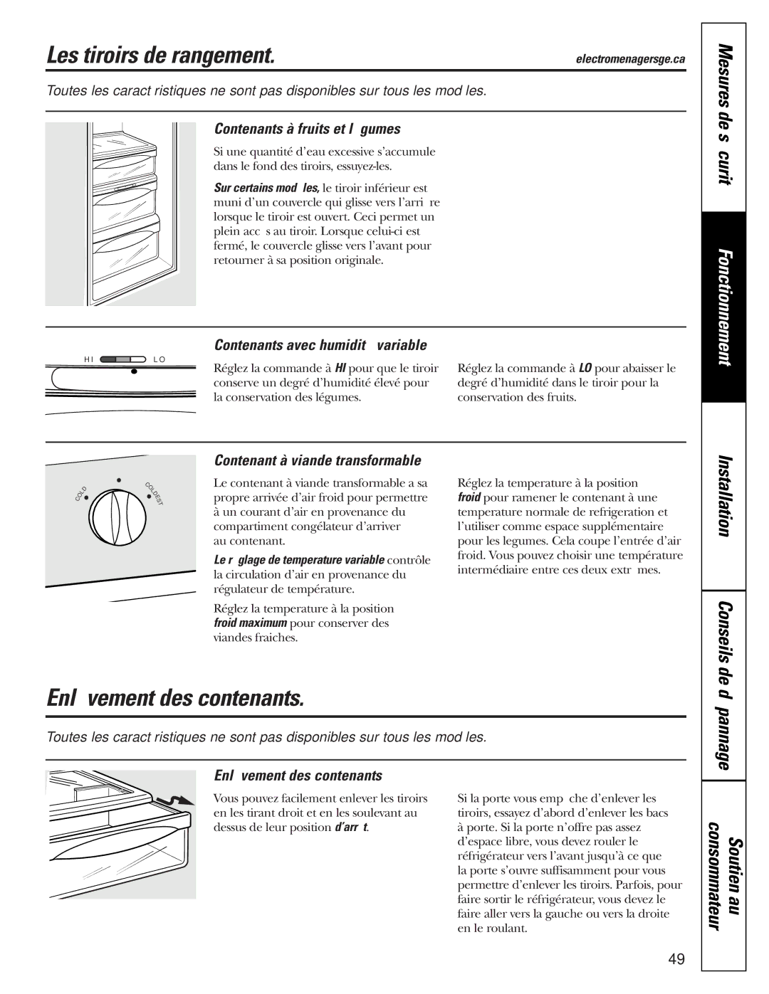 GE 200D2600P015 installation instructions Les tiroirs de rangement, Enlèvement des contenants 