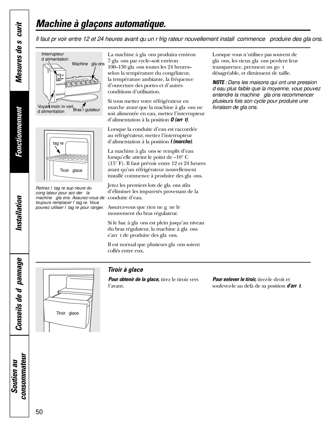 GE 200D2600P015 installation instructions Machine à glaçons automatique, Tiroir à glace 
