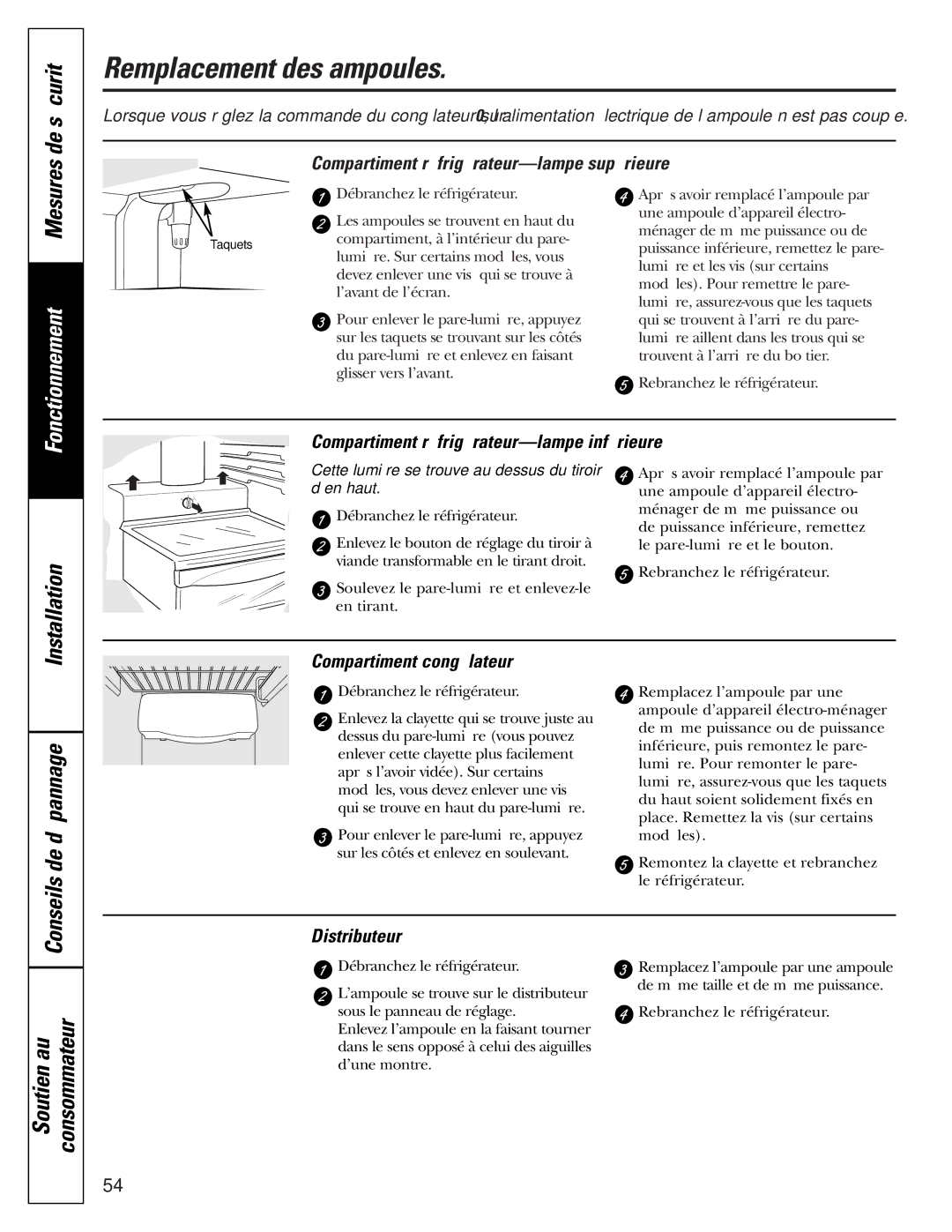 GE 200D2600P015 Remplacement des ampoules, Compartiment réfrigérateur-lampe supérieure, Compartiment congélateur 