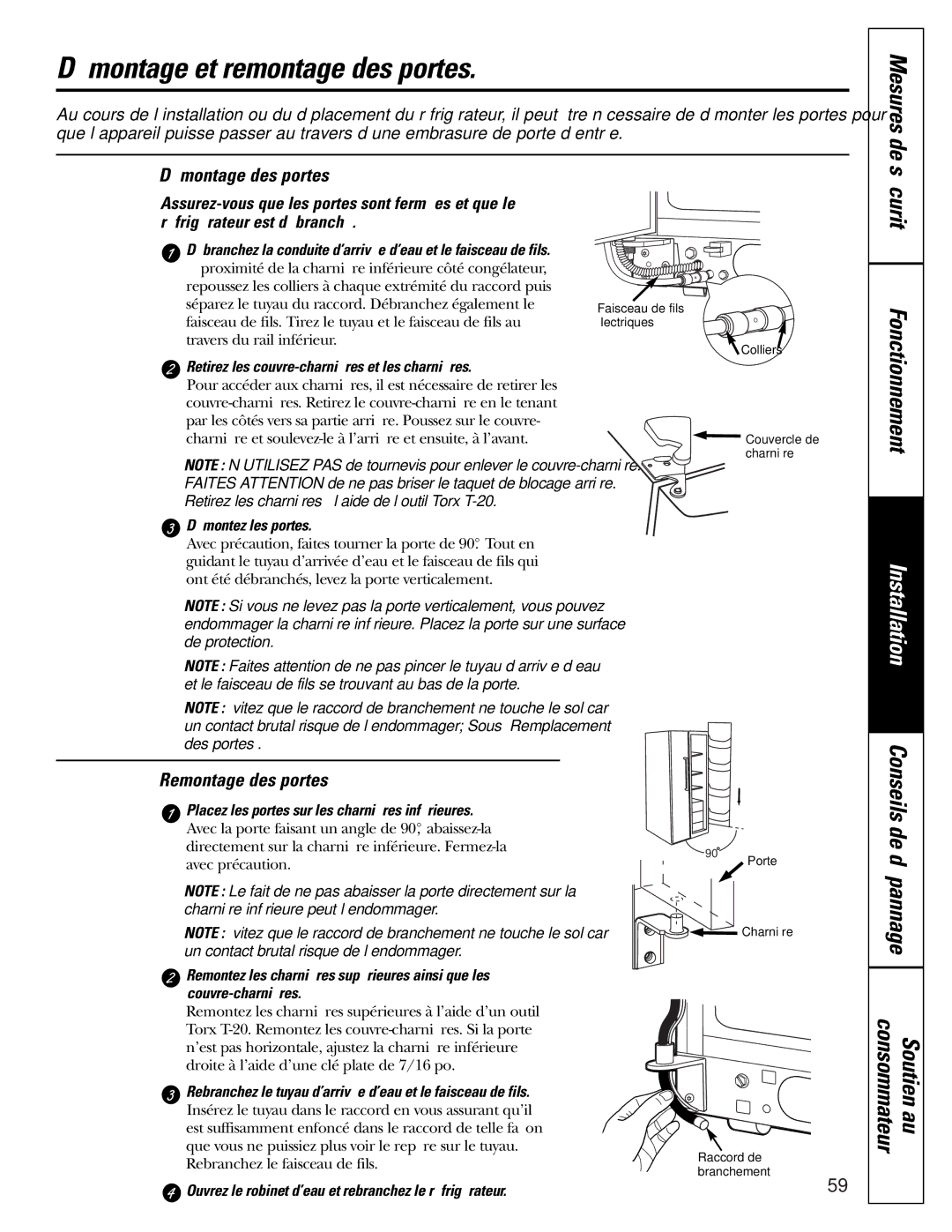 GE 200D2600P015 installation instructions Démontage et remontage des portes, Démontage des portes, Remontage des portes 