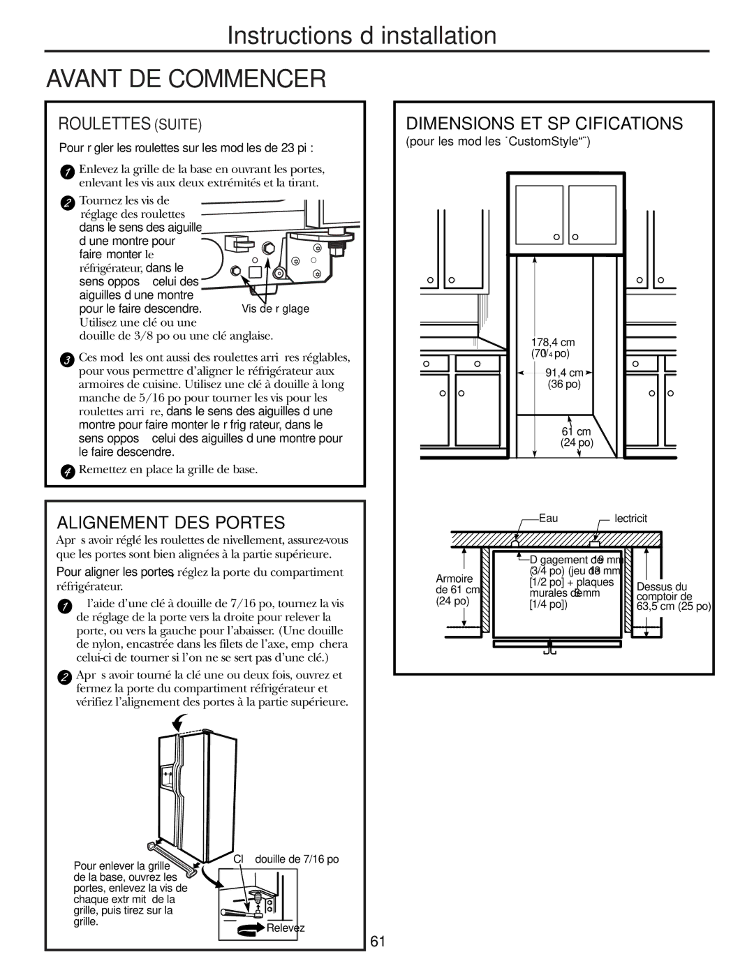 GE 200D2600P015 installation instructions Roulettes Suite, Alignement DES Portes, Dimensions ET Spécifications 