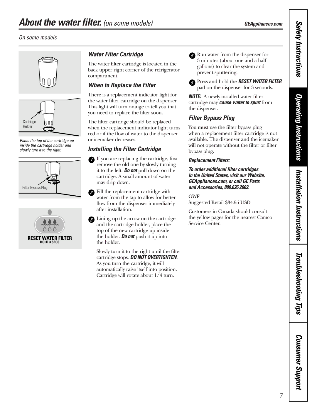 GE 200D2600P015 installation instructions About the water filter. on some models, Safety 