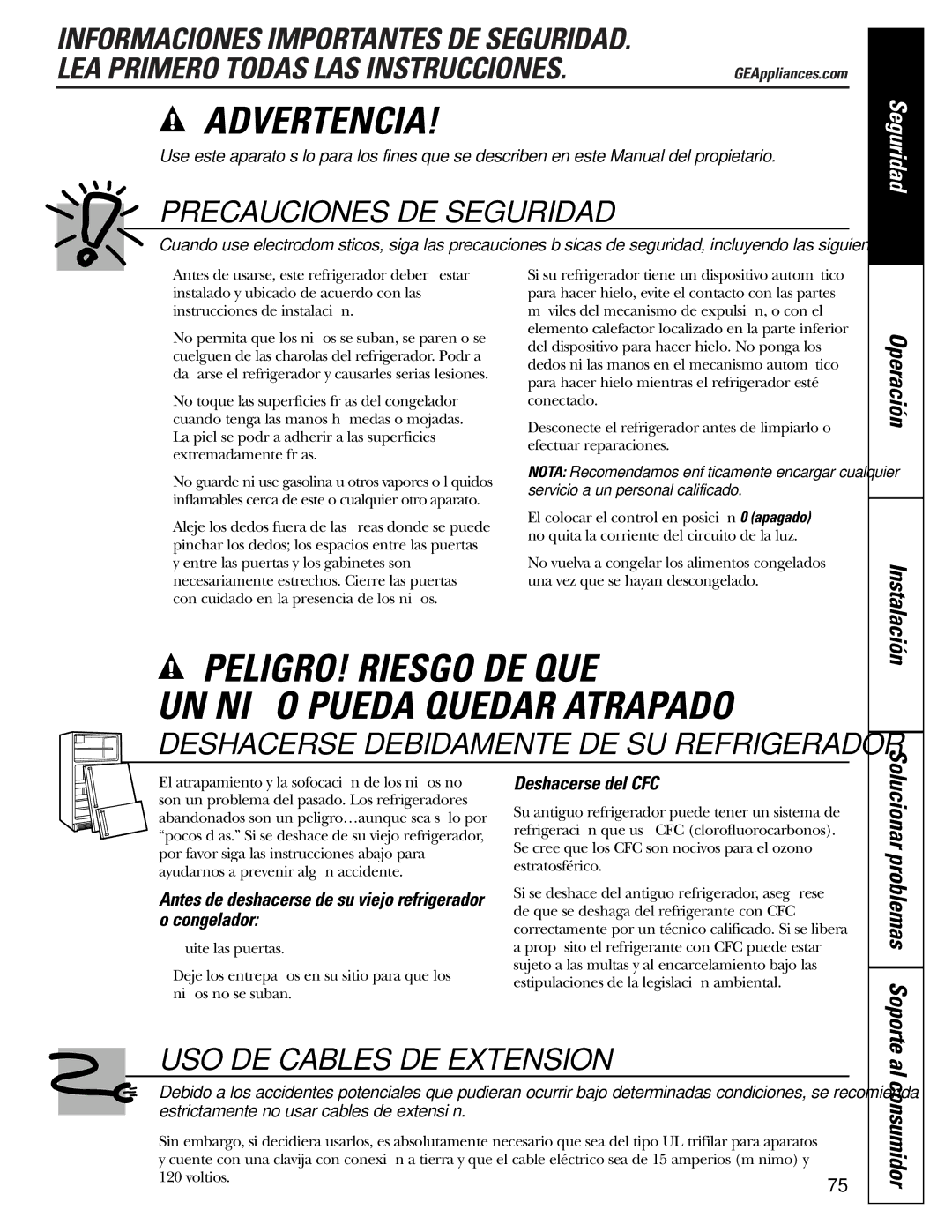 GE 200D2600P015 Al consumidor, Antes de deshacerse de su viejo refrigerador o congelador, Deshacerse del CFC, Instalación 