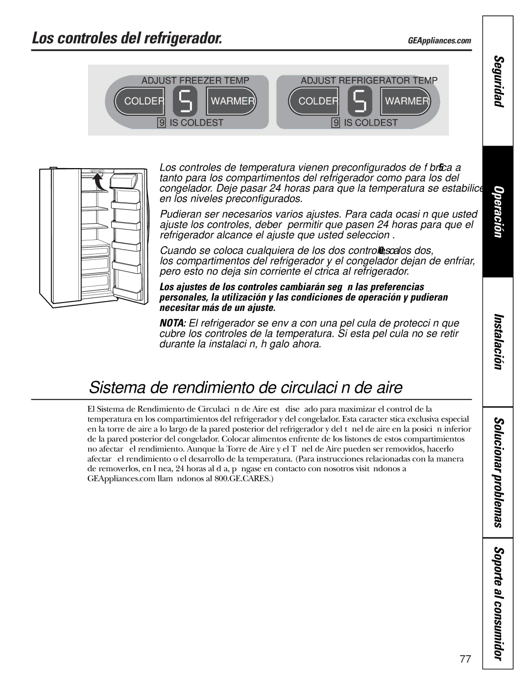 GE 200D2600P015 Los controles del refrigerador, Seguridad, Solucionar problemas Soporte al consumidor 