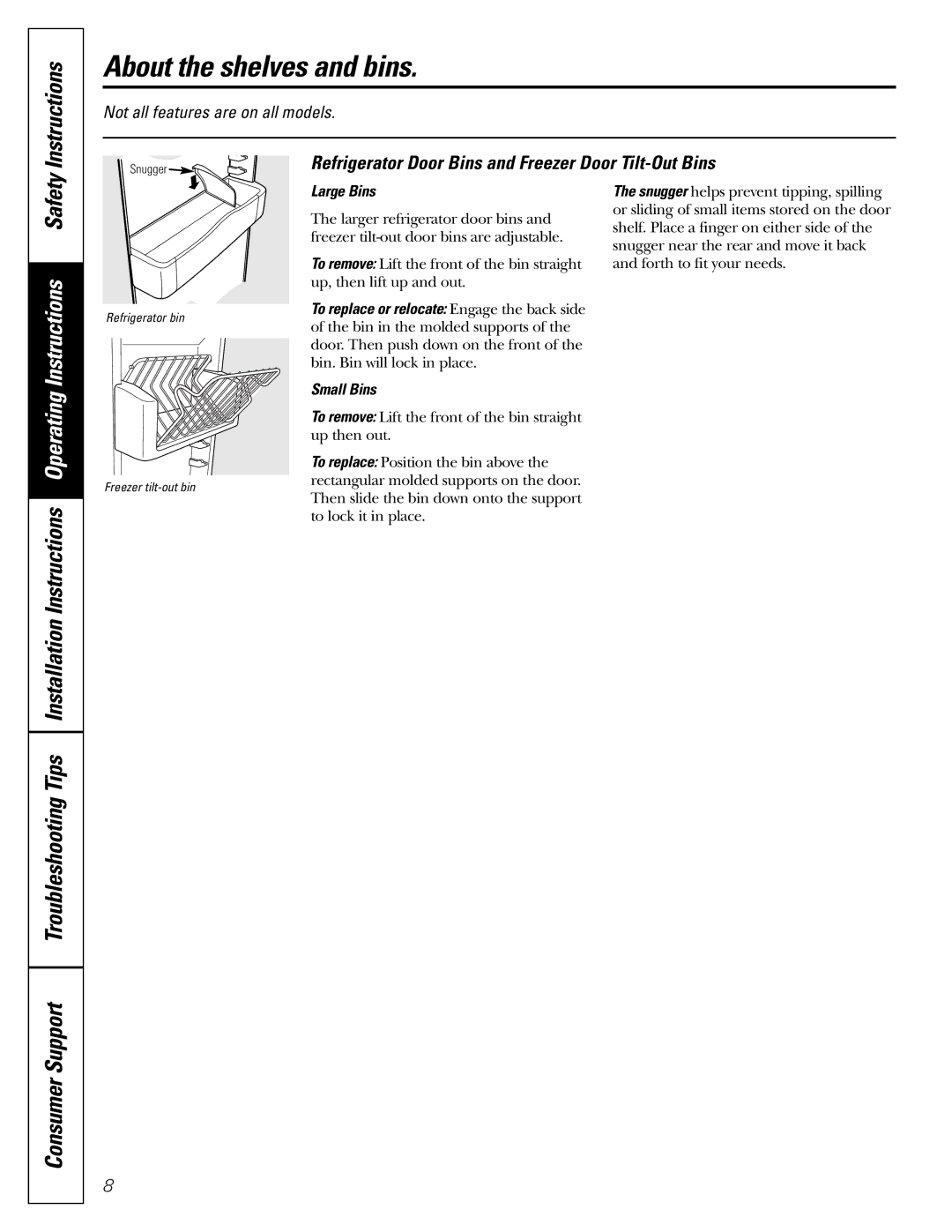 GE 200D2600P015 About the shelves and bins, Instructions, Refrigerator Door Bins and Freezer Door Tilt-Out Bins 