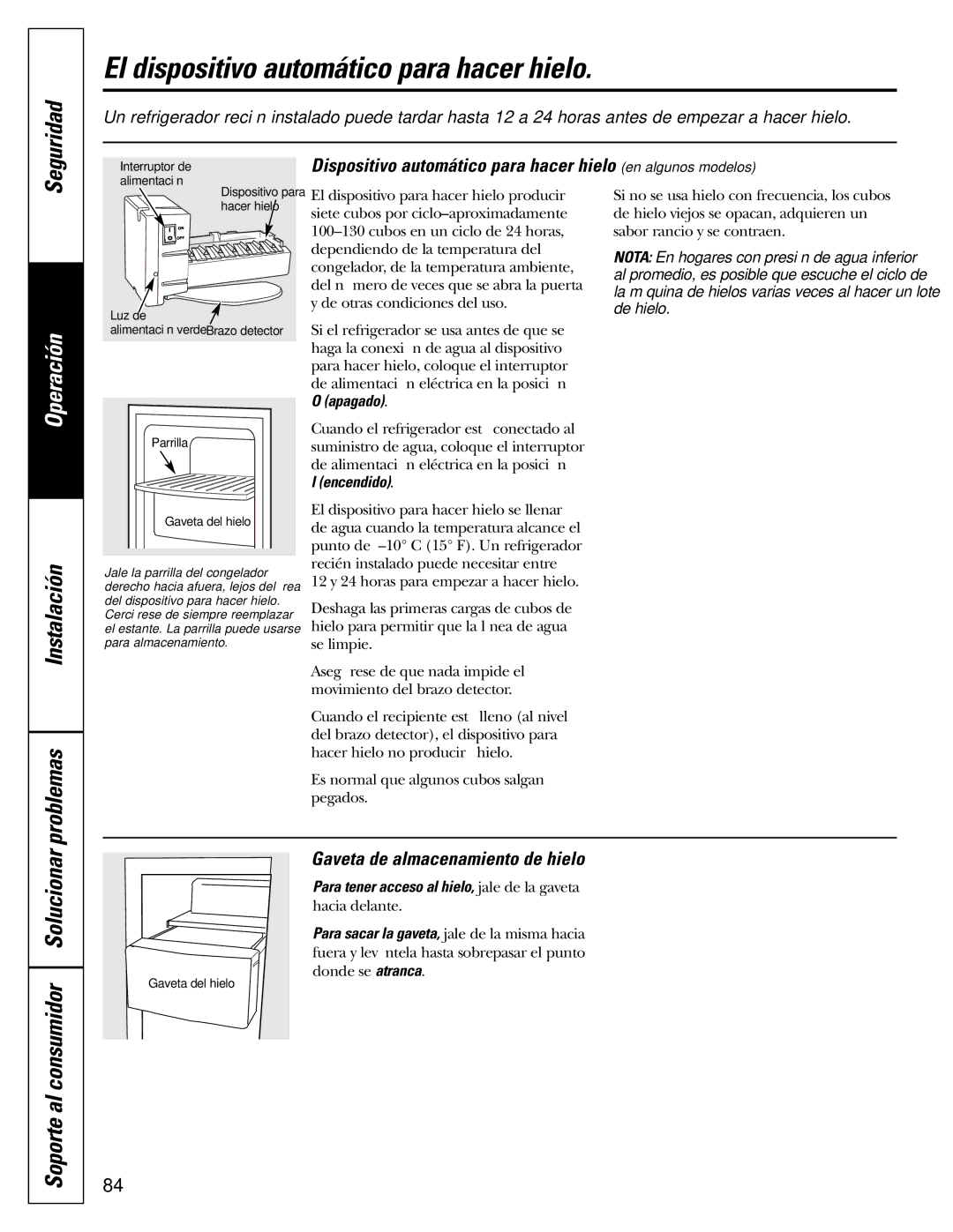 GE 200D2600P015 installation instructions El dispositivo automático para hacer hielo, Soporte al consumidor Solucionar 