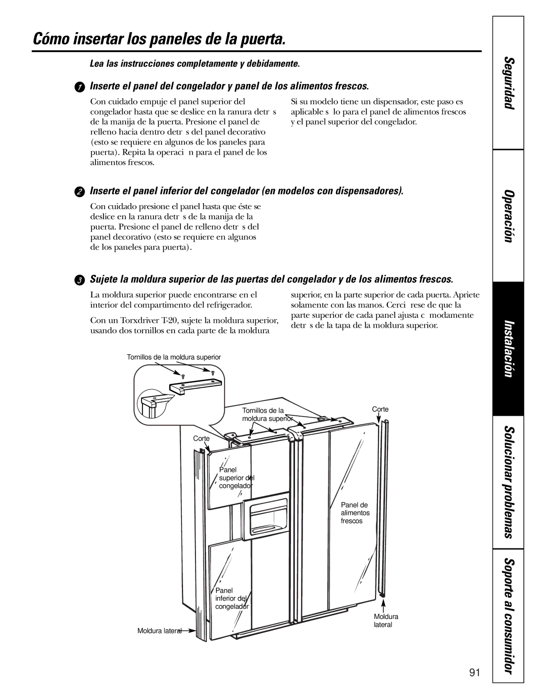 GE 200D2600P015 Cómo insertar los paneles de la puerta, Solucionar problemas Soporte al consumidor 