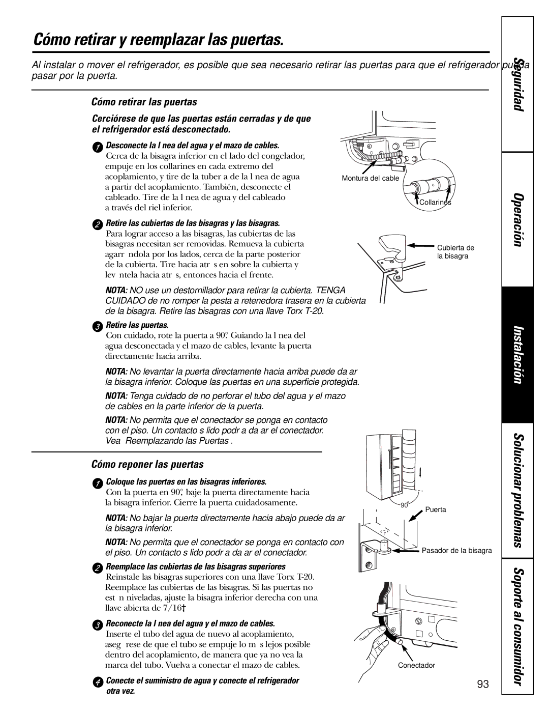 GE 200D2600P015 Cómo retirar y reemplazar las puertas, Operación, Cómo retirar las puertas, Cómo reponer las puertas 